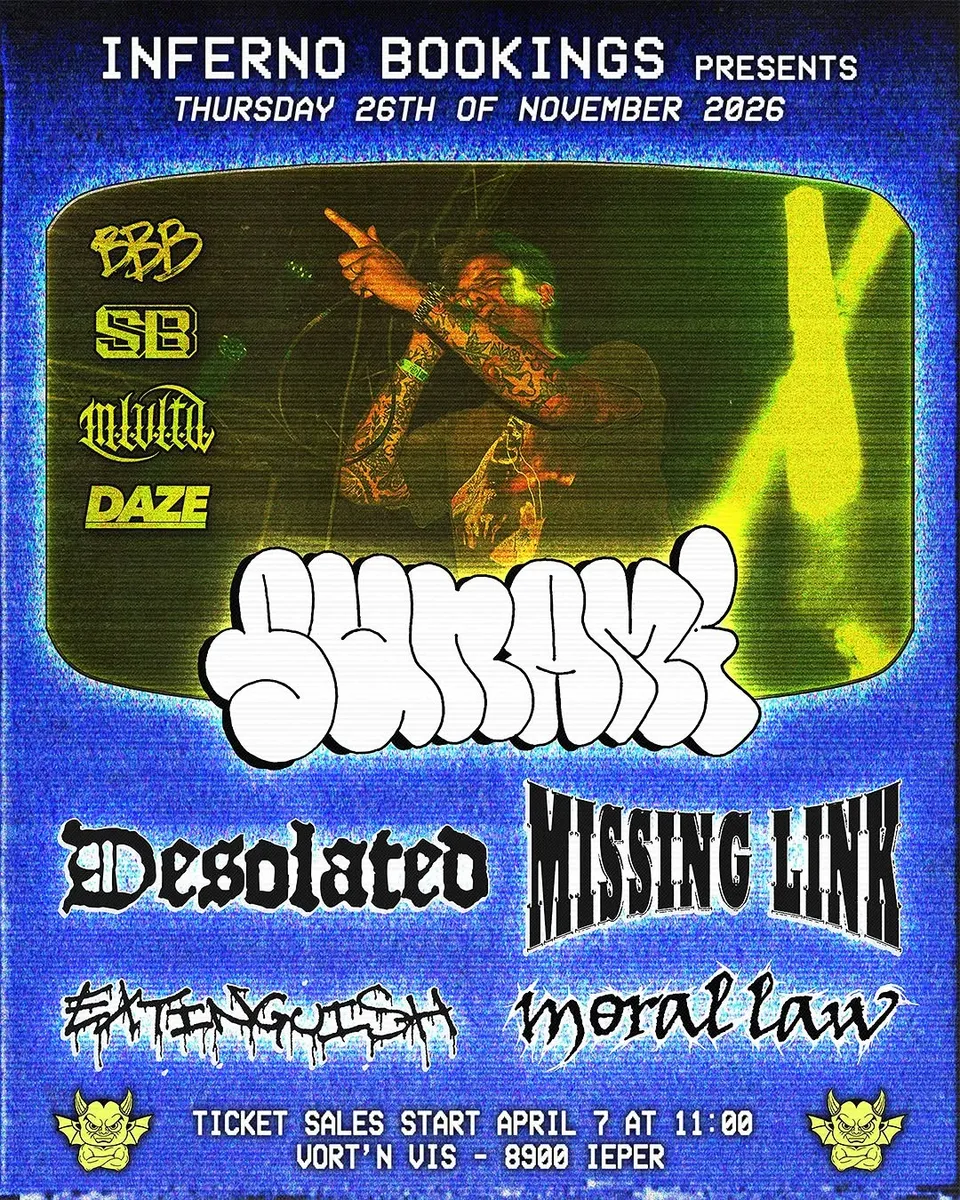 Poster for Sunami, Desolated, Missing Link, Extinguish and Moral Law at Vort'n Vis, Ieper, 26 November 2026.