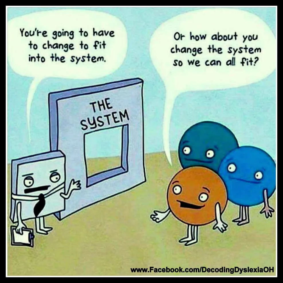 Cartoon. Een rechthoekig figuurtje met das en klembord staat bij een muur met het opschrift “The System” en een vierkant gat erin, en zegt: “You’re going to have to change to fit into the system.” Drie ronde figuurtjes antwoorden: “Or how about you change the system so we can all fit?”