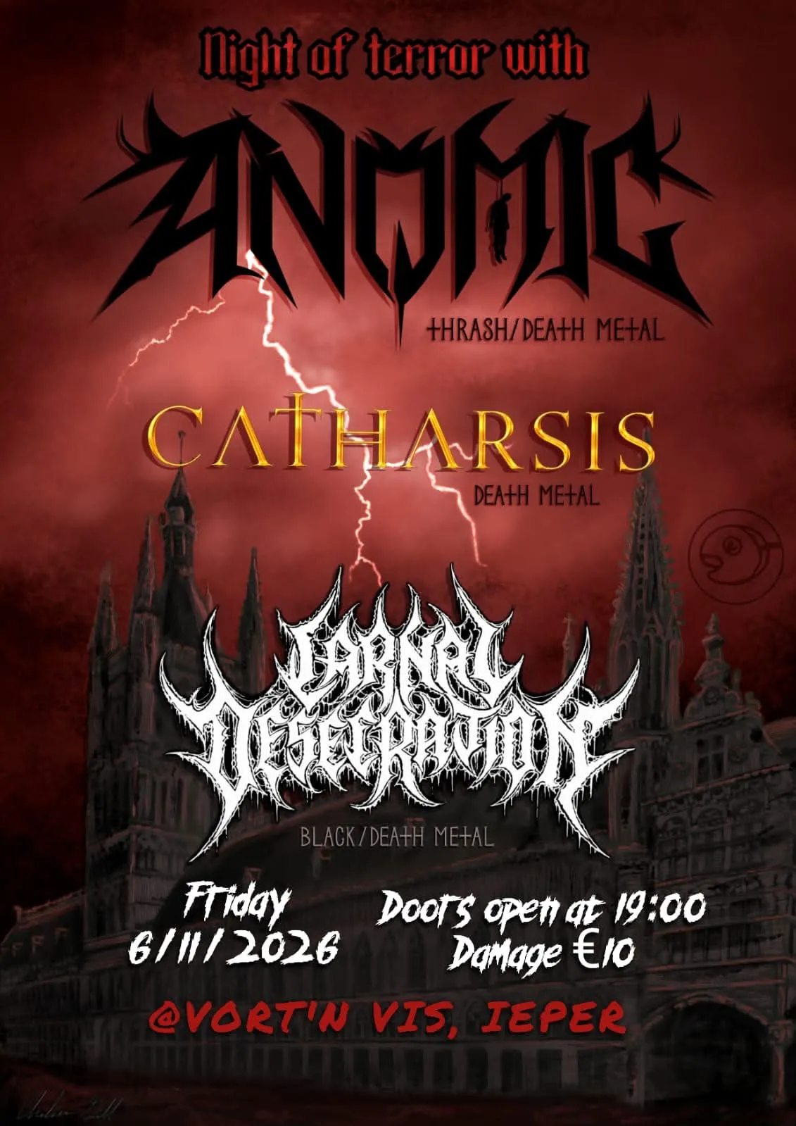 Concert poster: Night of terror with Anomic (thrash/death metal), Catharsis (death metal) and Carnal Desecration (black/death metal). Friday 6/11/2026, doors open at 19:00, damage €10. @Vort'n Vis, Ieper. Lightning over the Ypres Cloth Hall under a blood-red sky.