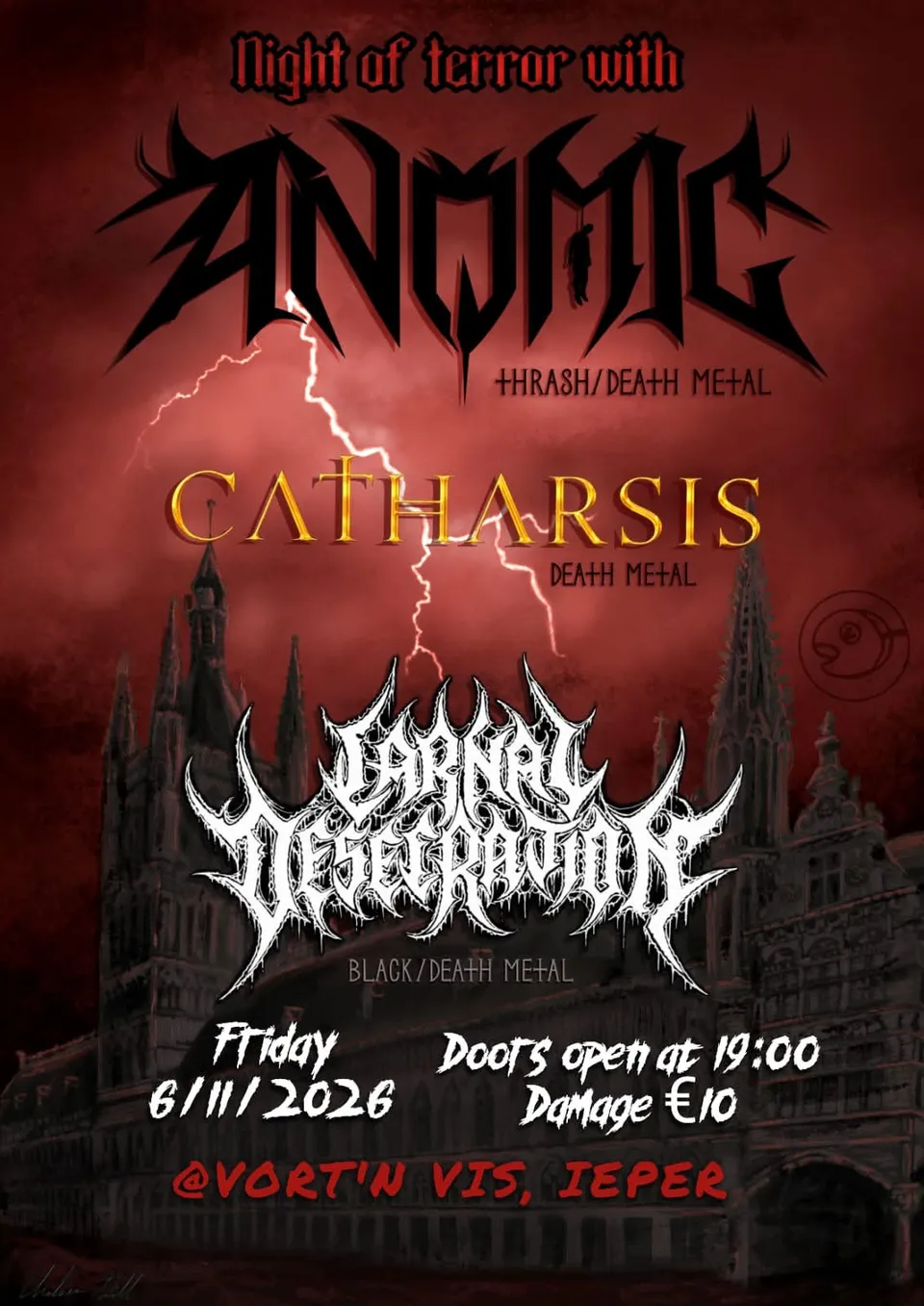 Concert poster: Night of terror with Anomic (thrash/death metal), Catharsis (death metal) and Carnal Desecration (black/death metal). Friday 6/11/2026, doors open at 19:00, damage €10. @Vort'n Vis, Ieper. Lightning over the Ypres Cloth Hall under a blood-red sky.