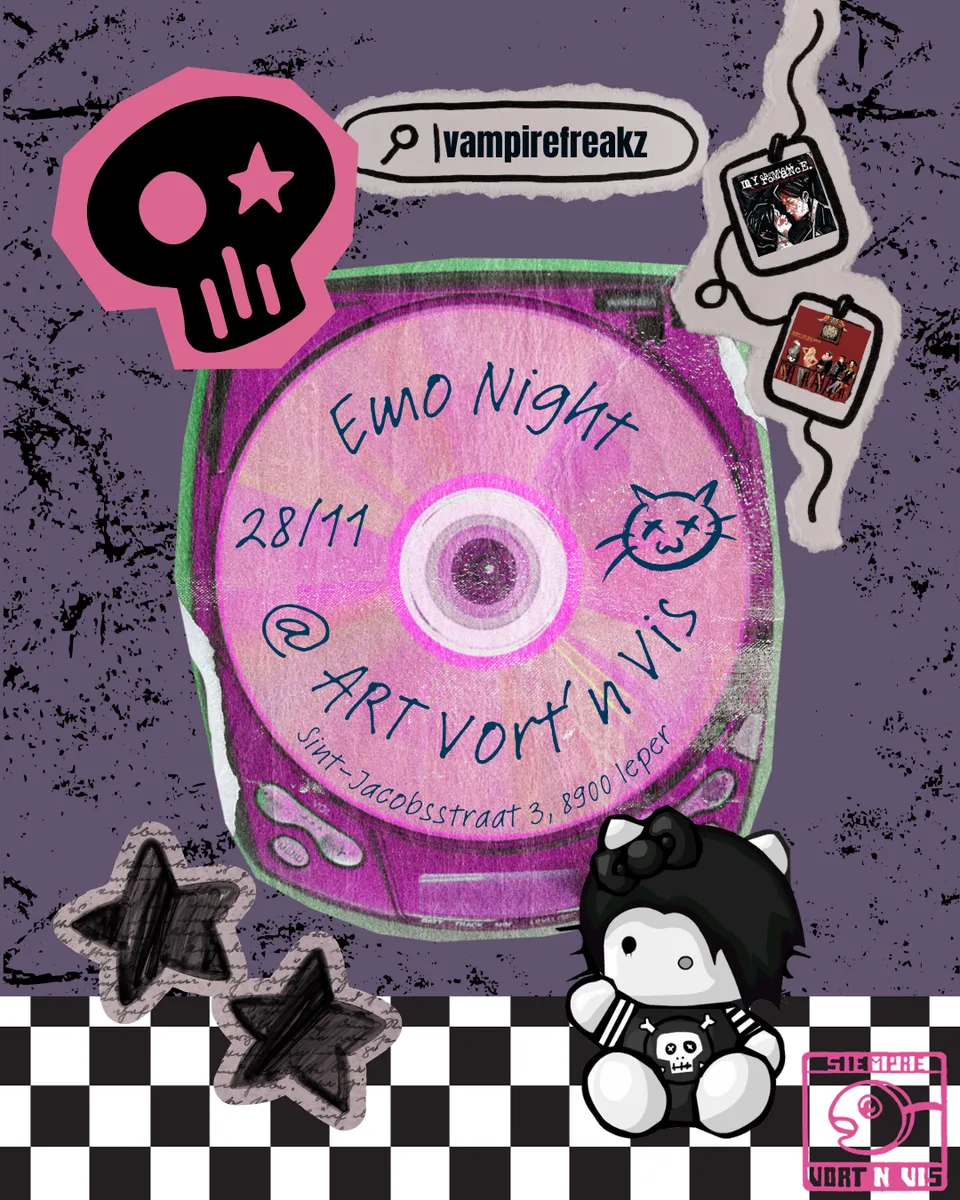 Poster: Emo Night, 28/11, @ ART Vort'n Vis, Sint-Jacobsstraat 3, 8900 Ieper. A search bar reading vampirefreakz above a pink CD in a purple portable CD player on a dark purple grunge background, with a pink skull with a star eye, a sketched cat face, two album covers hanging from a cord (one My Chemical Romance), black scribbled stars, an emo-styled white cat plush, a black-and-white checkerboard floor and the Vort'n Vis fish stamp logo.